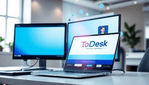 Efficient workspace featuring ToDesk远程软件 on dual monitors, ideal for remote collaboration.