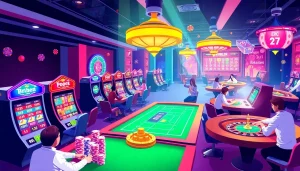 KJC AC 1 logo with players enjoying slots and table games in a lively online casino.