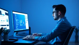 Desenvolvimento de Sites: Profissional trabalhando em ambiente digital otimizado, focando em inovação.