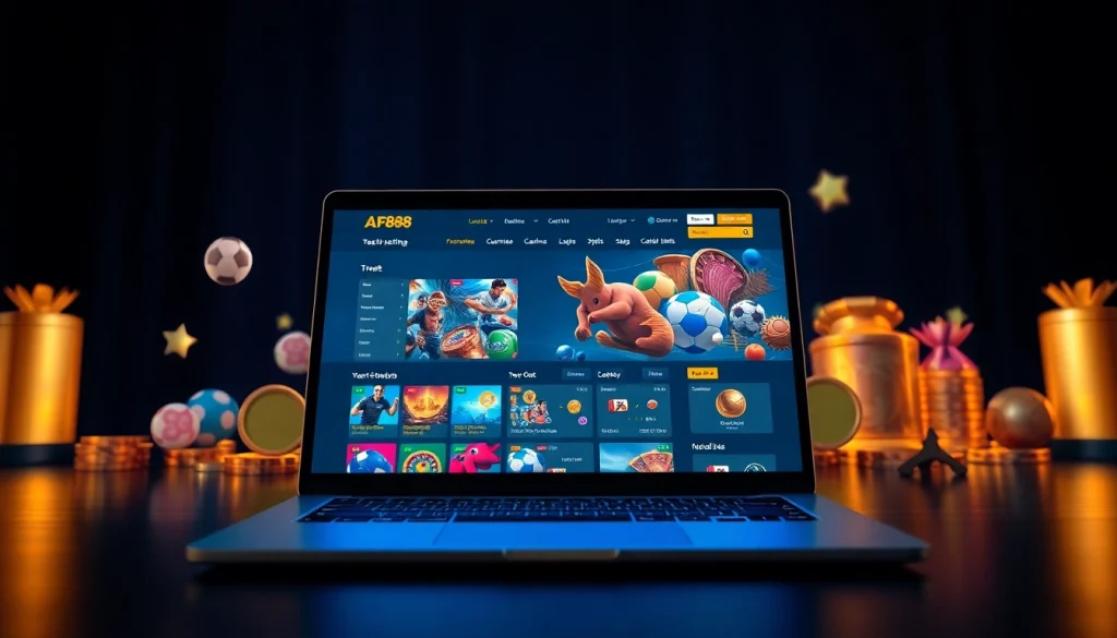 AF88 online betting platform displayed on a laptop, showcasing vibrant gaming icons.