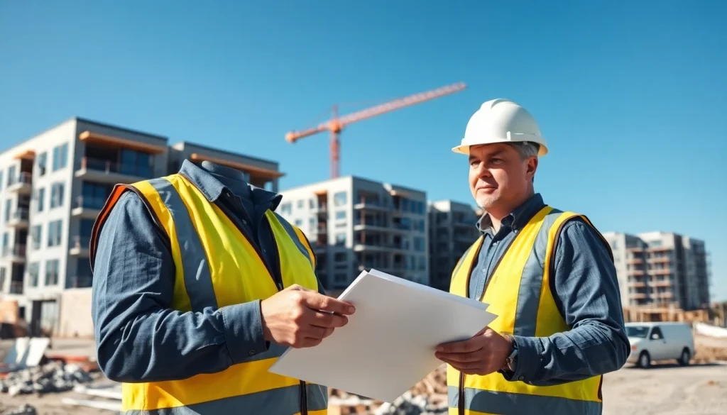 Engaged New Jersey Commercial General Contractor reviewing plans at a bustling construction site.