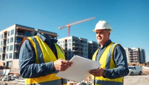 Engaged New Jersey Commercial General Contractor reviewing plans at a bustling construction site.