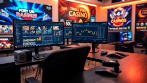 Menghadirkan sayaptogel melalui pengaturan permainan profesional dengan komputer dan monitor ganda.