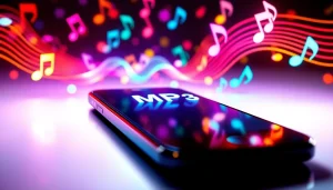 Experience seamless MP3 download options with vibrant sound wave imagery and a modern smartphone setup.