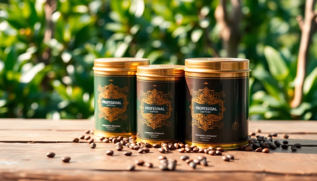Showcase beautiful coffee tins featuring intricate designs on a rustic wooden table.