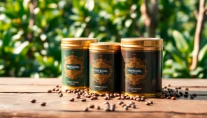 Showcase beautiful coffee tins featuring intricate designs on a rustic wooden table.