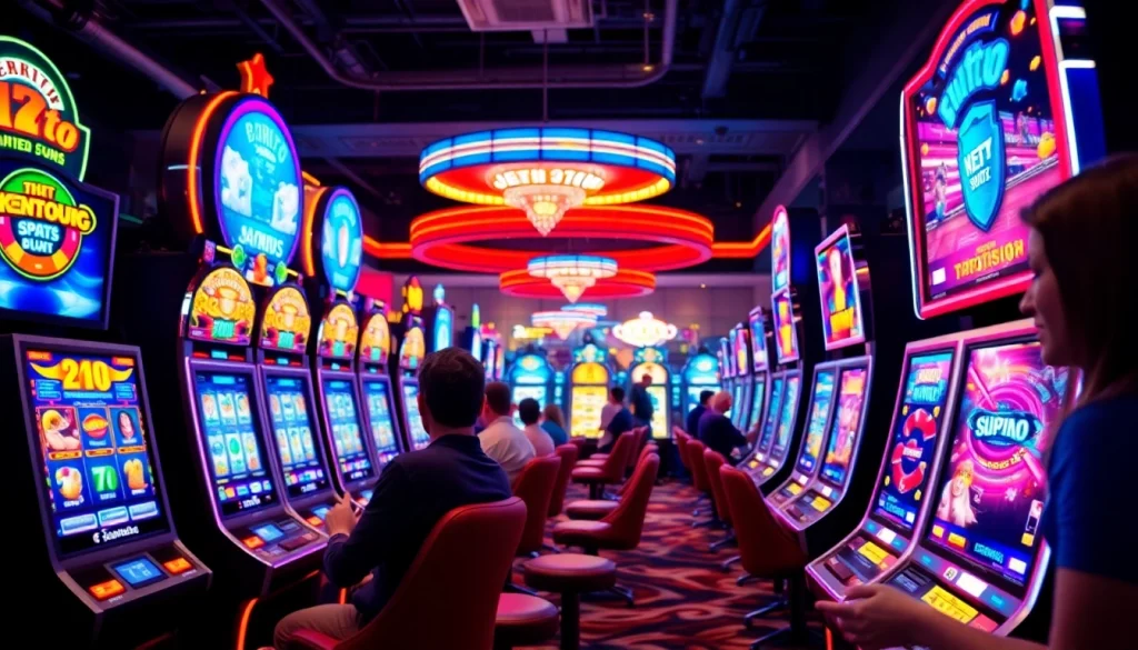 Aktivitas bermain gaming jentoto dengan mesin slot berkilau dan penuh warna.