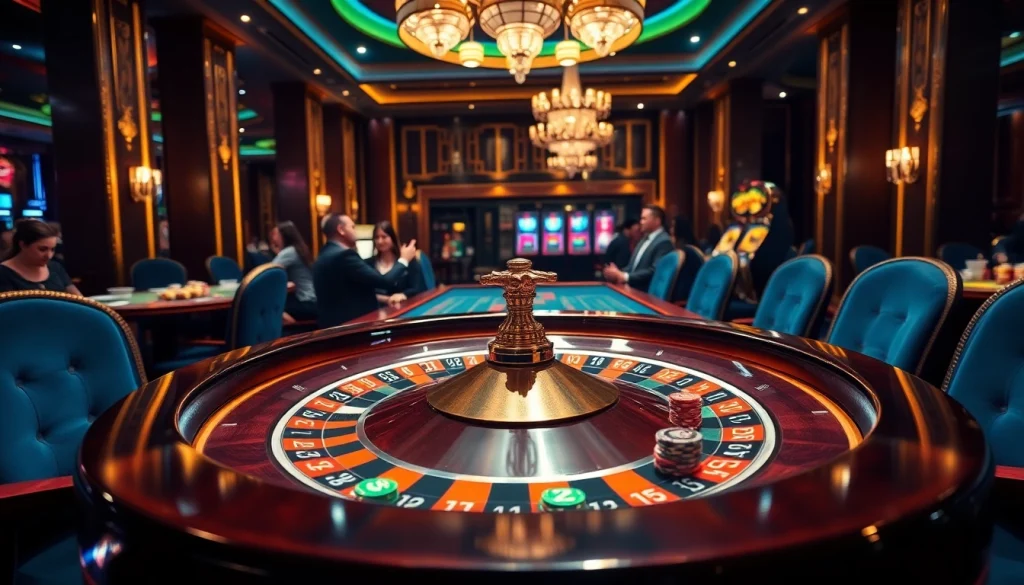 Experience exhilarating gameplay at mm888 with roulette wheel, eager players, and vibrant casino ambiance.
