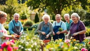 Engaging retirees at https://frontidas.com planting flowers together in a vibrant garden.
