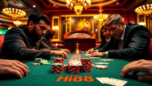 Experience the excitement of Hi 88 as players strategize in a high-stakes poker game, filled with colorful chips and intense focus.