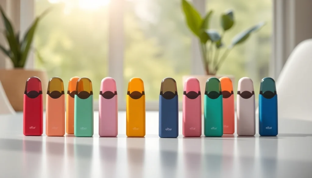 Elfbar pods auf einem minimalistischen Tisch arrangiert, zeigen die farbenfrohen Designs und die elegante Beschaffenheit.