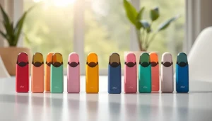 Elfbar pods auf einem minimalistischen Tisch arrangiert, zeigen die farbenfrohen Designs und die elegante Beschaffenheit.