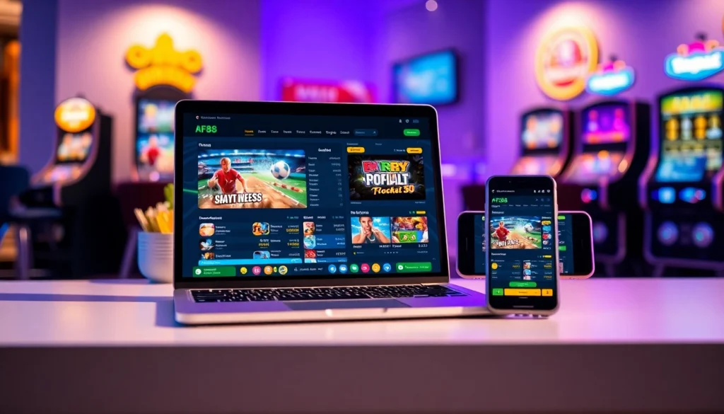AF88 online betting platform interface showcasing vibrant gaming options on laptop and smartphone.