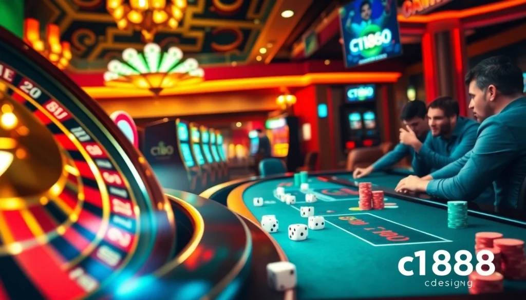 Experience the excitement of https://c168.design/ in a casino scene, featuring vibrant slot machines and a poker game.