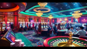 Experience the vibrant gambling world of KJC AC 1 with players enjoying casino tables and slot machines.