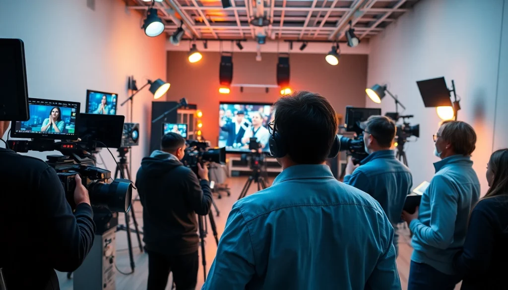 Engaging video production team captured in a modern studio with professional equipment.