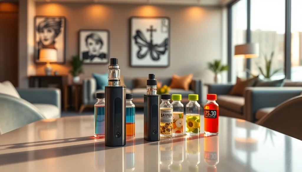 e zigarette auf einem eleganten Tisch mit bunten E-Liquids in stilvollem Ambiente.