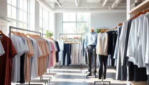 Browse stylish casual wear at https://www.clothingcasual.com, featuring organized racks of vibrant clothing.