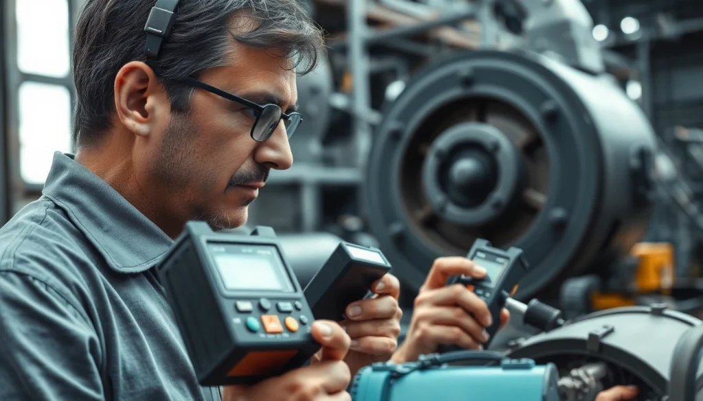 Performing a noise assessment survey in an industrial setting with sound level meters.