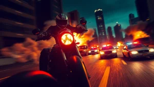 Engaging action-packed thriller scene featuring a bike chase through a city.