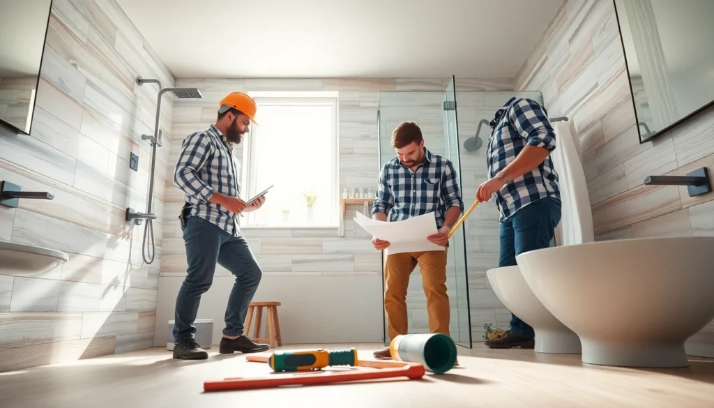 Expert bathroom builders engaged in a modern bathroom renovation project emphasizing quality craftsmanship.