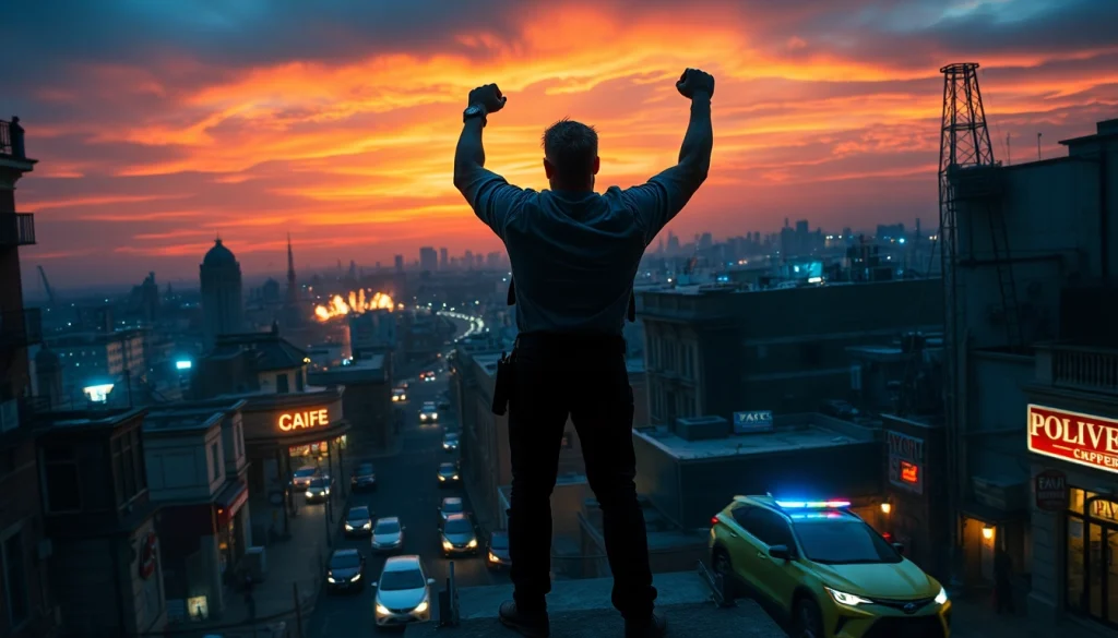 Conquer your fears with an action-packed thriller featuring a heroic protagonist in a chaotic urban backdrop.