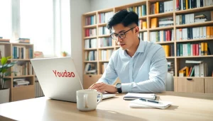 Use youdao翻译 to enhance language skills in a modern workspace, featuring a professional translator.