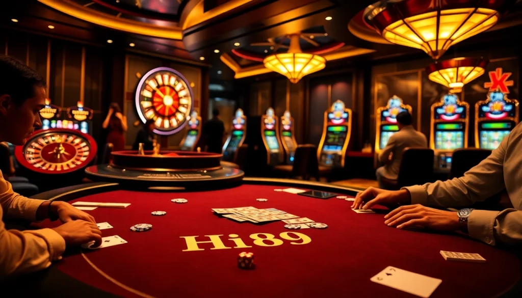 Hi88 players enjoying intense poker action at a stylish casino table.