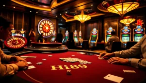 Hi88 players enjoying intense poker action at a stylish casino table.