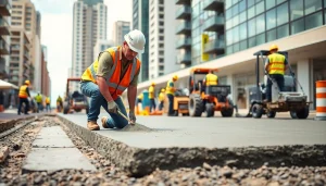 Concrete installation process by www.1stconcretecontractor.com with workers and machinery in an urban environment.