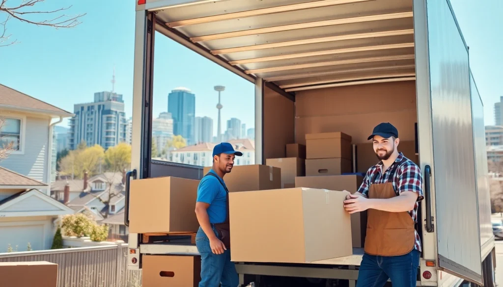 Efficient team from a Toronto moving company packing a moving truck in a vibrant urban setting.