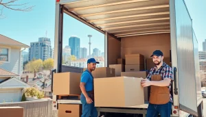 Efficient team from a Toronto moving company packing a moving truck in a vibrant urban setting.
