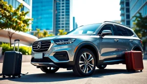 JBO car rental service featured prominently in an urban setting with a high-end vehicle.