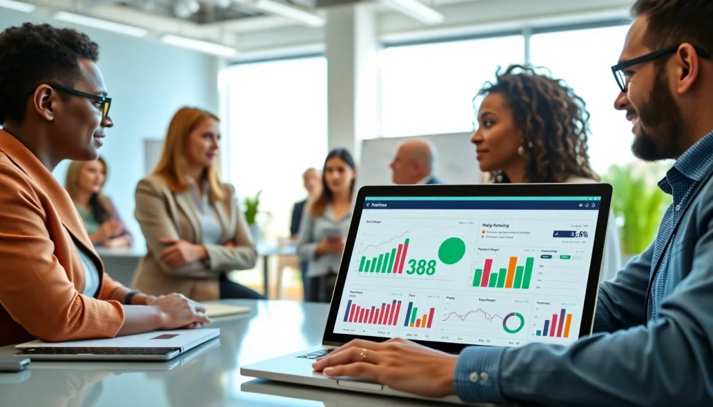 Analyze digital marketing strategies with New88 performance metrics in a vibrant office setting.