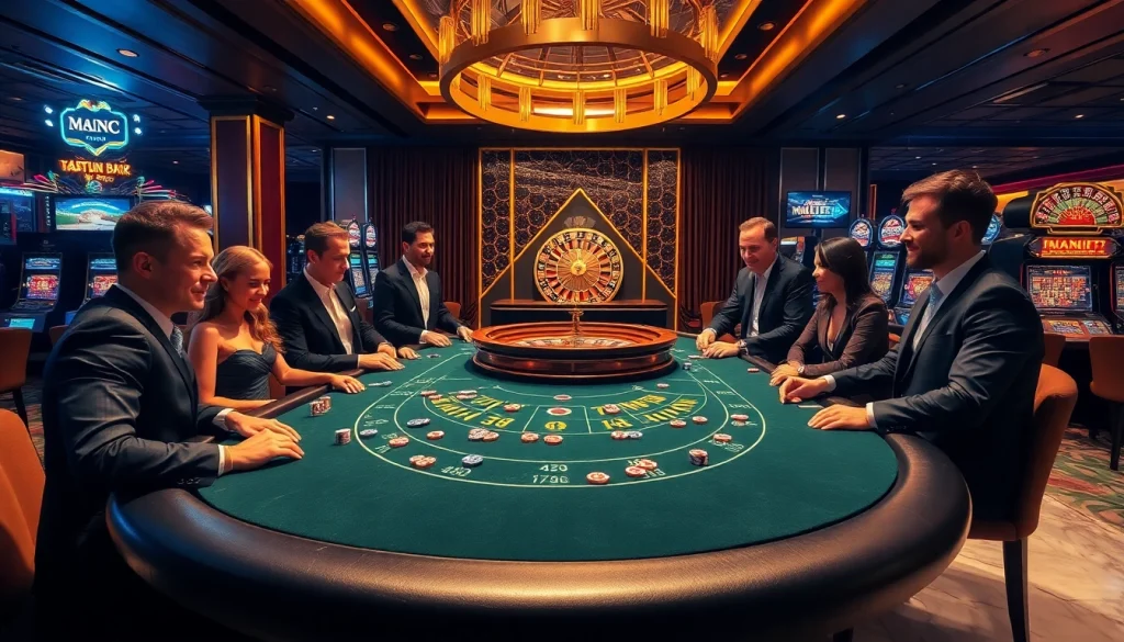 KJC AC casino scene featuring a thrilling blackjack game, luxury decor, and action-packed roulette.