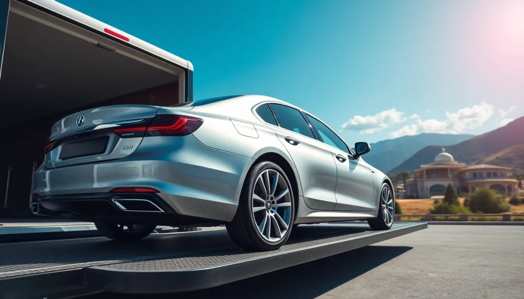Showcasing luxury car transport with an upscale vehicle being securely loaded onto a premium carrier.
