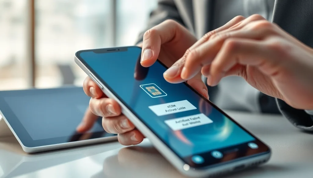 Activate eSIM features effectively using https://esimfo.com with a modern smartphone setup illustration.