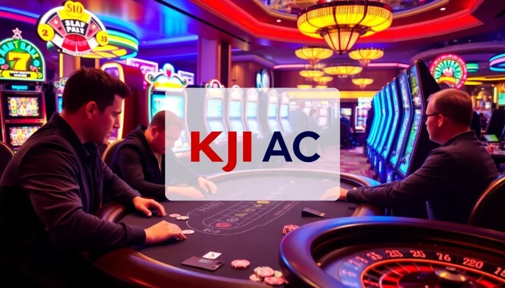 A thrilling casino atmosphere showcasing players at KJC AC blackjack and roulette tables, emphasizing the excitement of gambling.