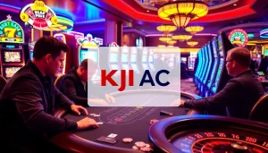 A thrilling casino atmosphere showcasing players at KJC AC blackjack and roulette tables, emphasizing the excitement of gambling.