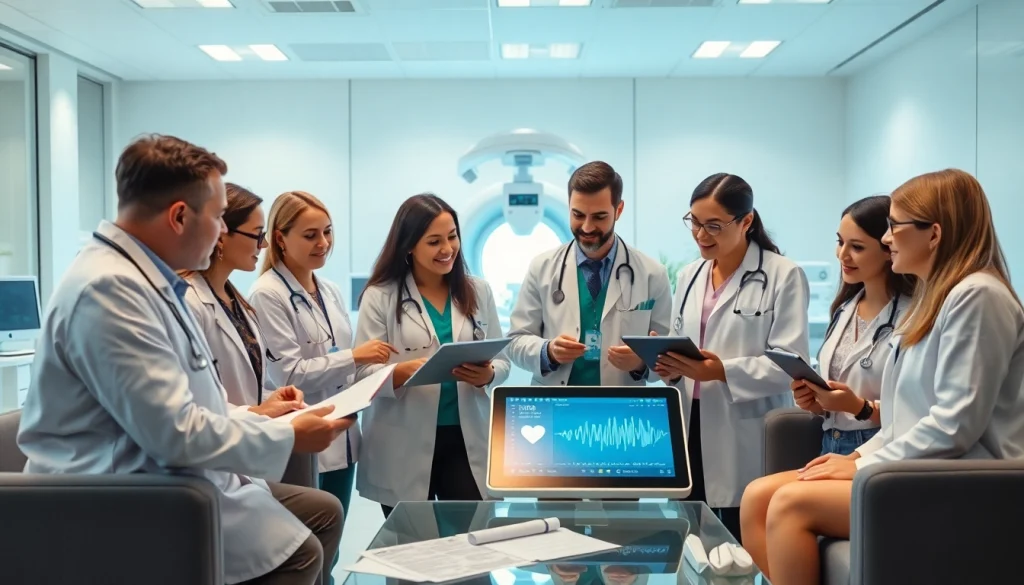 Collaborative healthcare specialists discussing data on digital devices at https://www.medexdtc.com in a modern office.