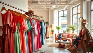 Shop vibrant outfits in a trendy clothing store showcasing stylish fashion choices.