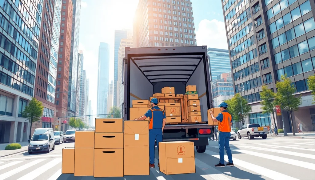 Efficient Toronto moving services featuring professional movers in action within a bustling city setting.