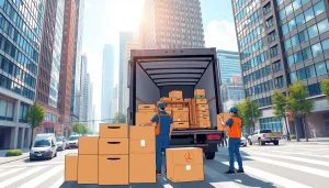 Efficient Toronto moving services featuring professional movers in action within a bustling city setting.