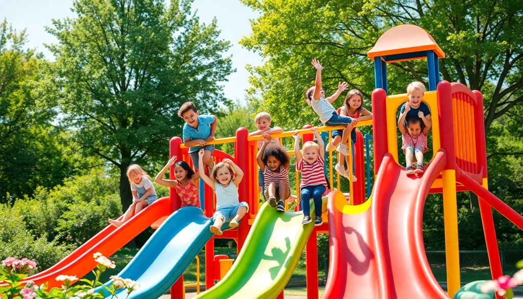 Children enjoying Jungle Gyms at a sunny park, engaging in play and laughter.