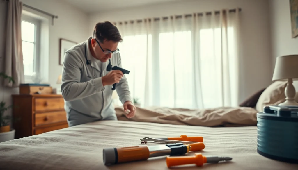 Inspecting for bedbug infestations at https://affordablebedbugexterminators.com with detailed tools in a bright bedroom.
