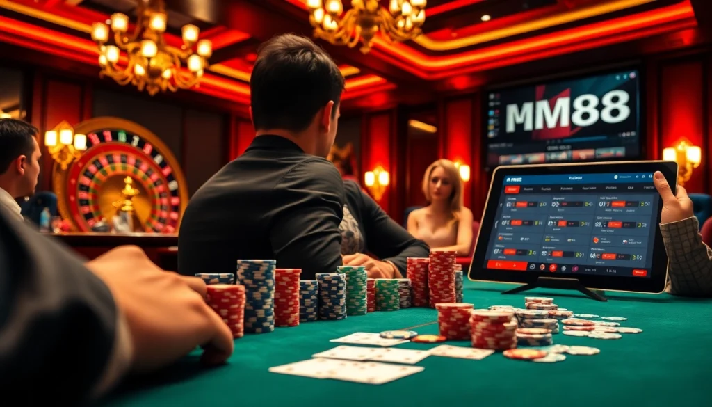 MM88 poker chips in a high-stakes casino setting, showcasing intense gameplay and competitive atmosphere.
