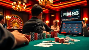 MM88 poker chips in a high-stakes casino setting, showcasing intense gameplay and competitive atmosphere.