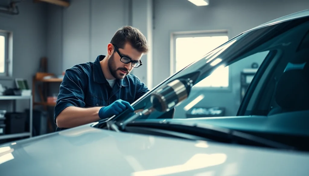 Repairing auto glass professionally at crystalautoglass.pro in a bright garage.