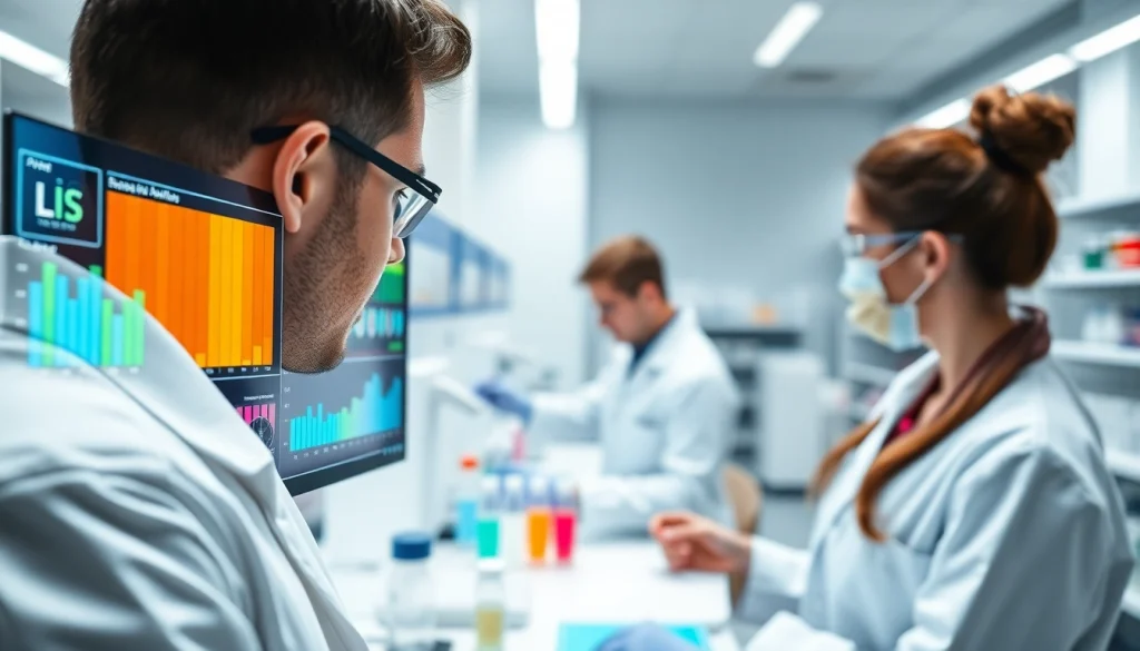 Laborinformationssystem LIS in a modern laboratory setting with scientists managing data.