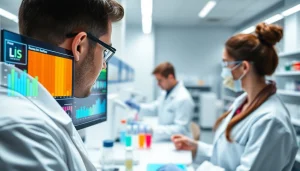 Laborinformationssystem LIS in a modern laboratory setting with scientists managing data.